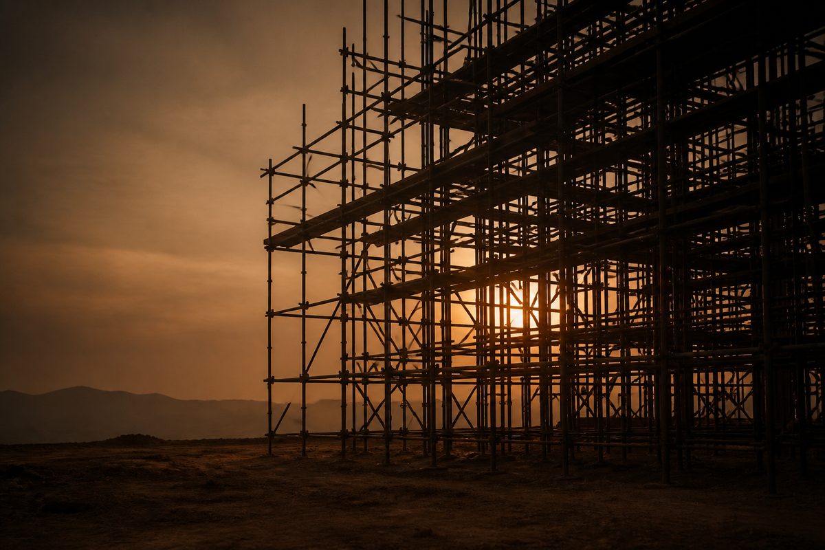 Scaffolding against the evening sky
