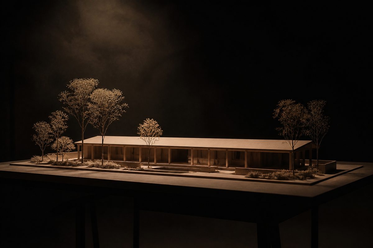 Architectural scale model under lamplight